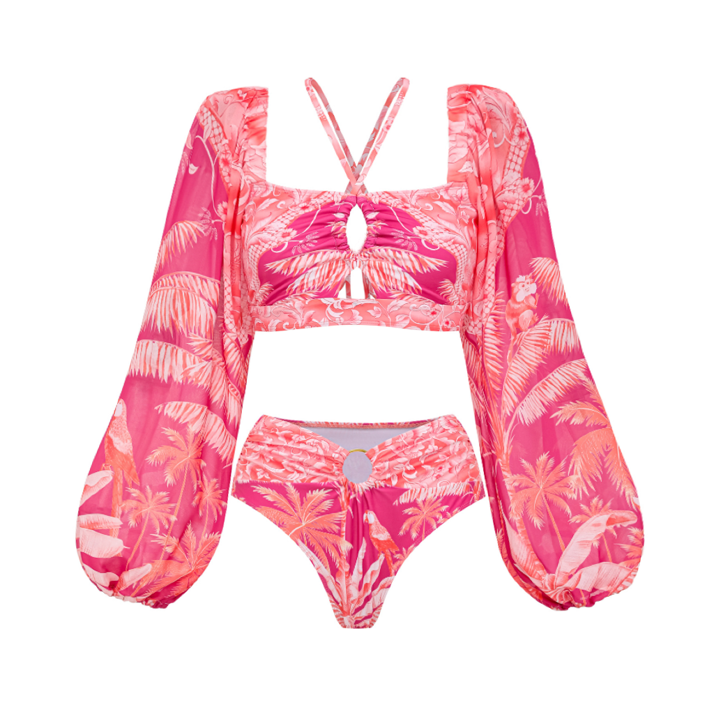 Plus Size Long-sleeved Tropical Jungle Print Bikini Swimsuit and Sarong Flaxmaker