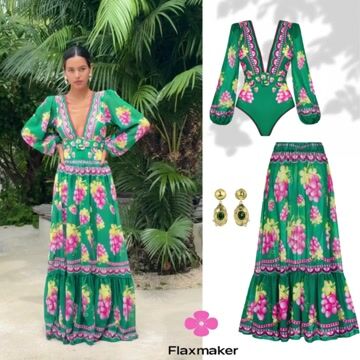 Plus Size Ruffled Deep V Retro Green Grapes Print One Piece Swimsuit and Skirt