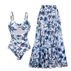 Sling Cut Out Printed One Piece Swimsuit and Skirt