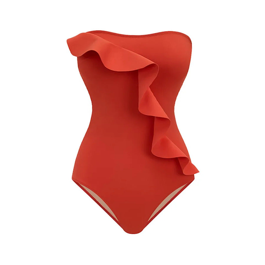 Off Shoulder Color Block Ruffle Decor One Piece Swimsuit and Skirt Flaxmaker