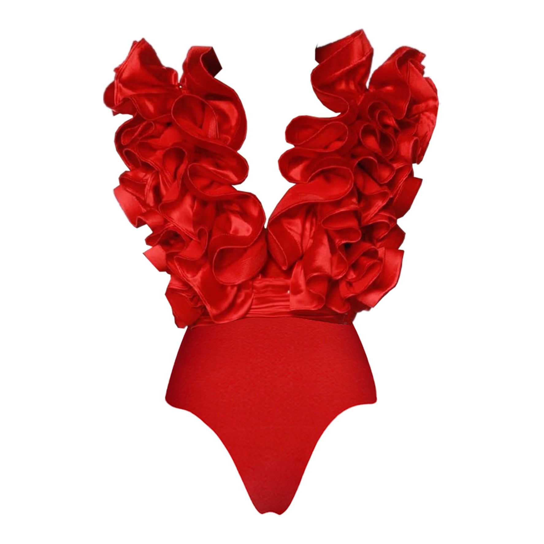 Plus Size Frilled V Neck Red One Piece Swimsuit and Skirt Flaxmaker