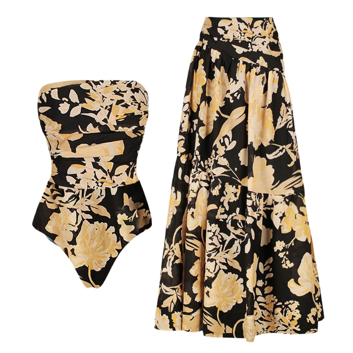 Plus Size Off Shoulder Flower Printed One Piece Swimsuit and Skirt