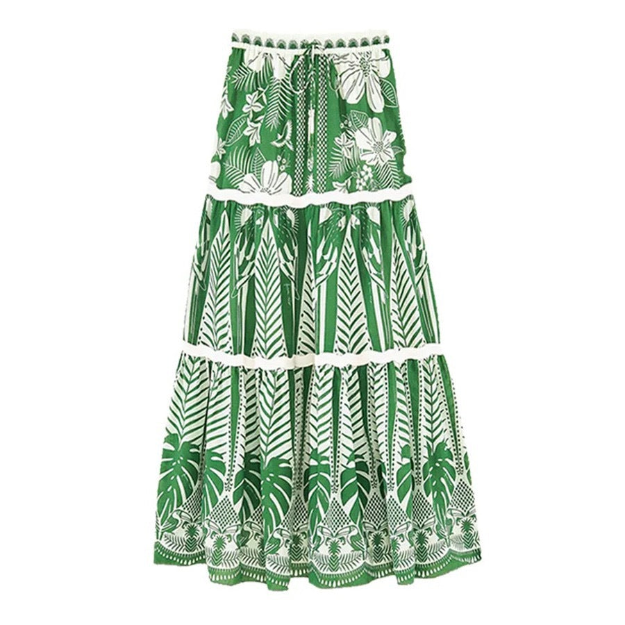 Plus Size One Shoulder Green Flower Printed Bikini Swimsuit and Skirt