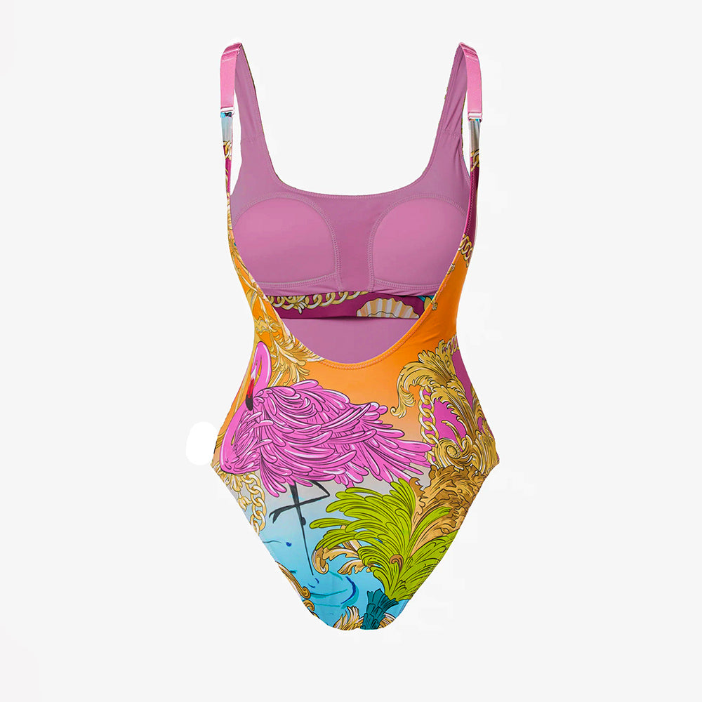 Plus Size Round Neck Shell Print One Piece Swimsuit and Sarong or Skirt