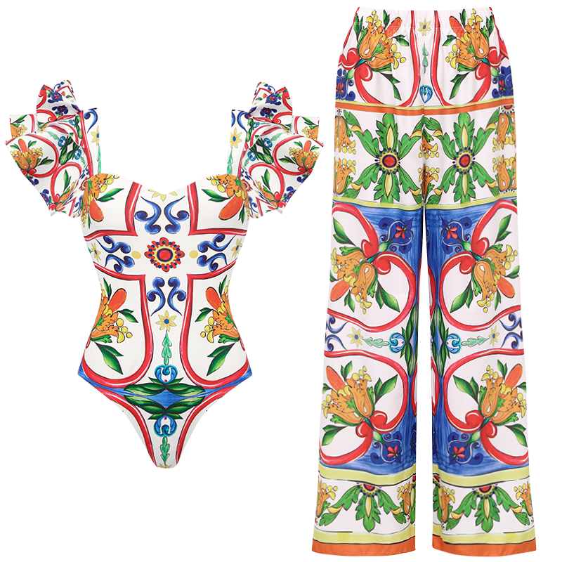 Ruffle Sleeves  Paisley-print  One Piece Swimsuit and Sarong or Paints Flaxmaker