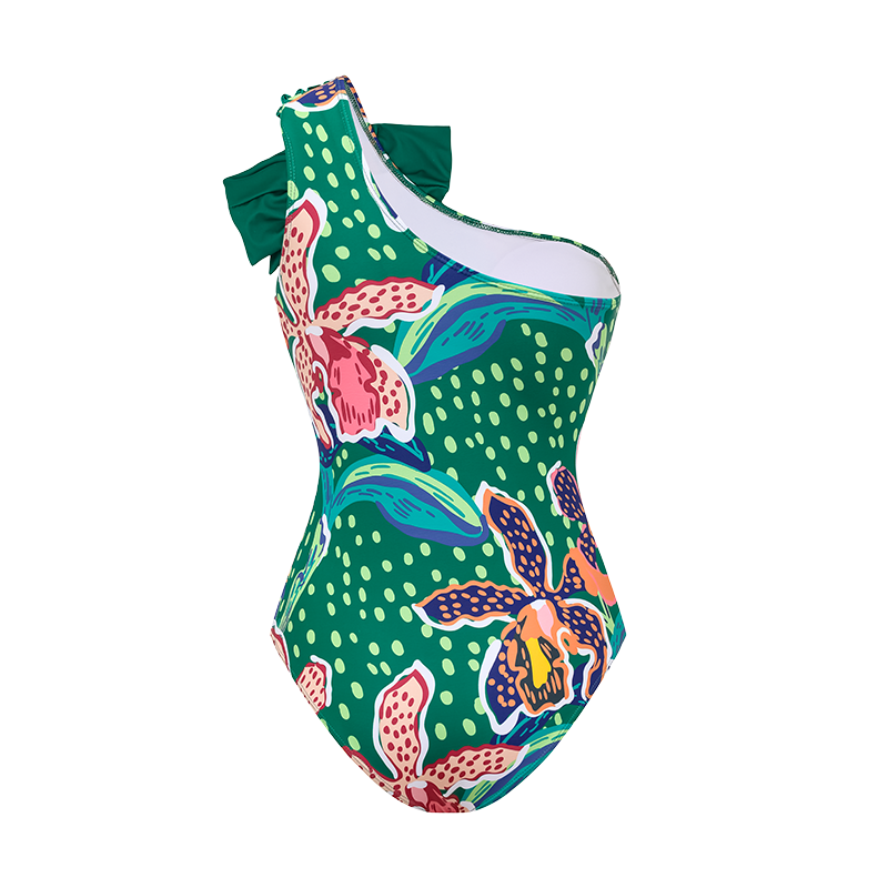 Plus Size Tropic Printed One Shoulder One Piece Swimsuit and Sarong Flaxmaker