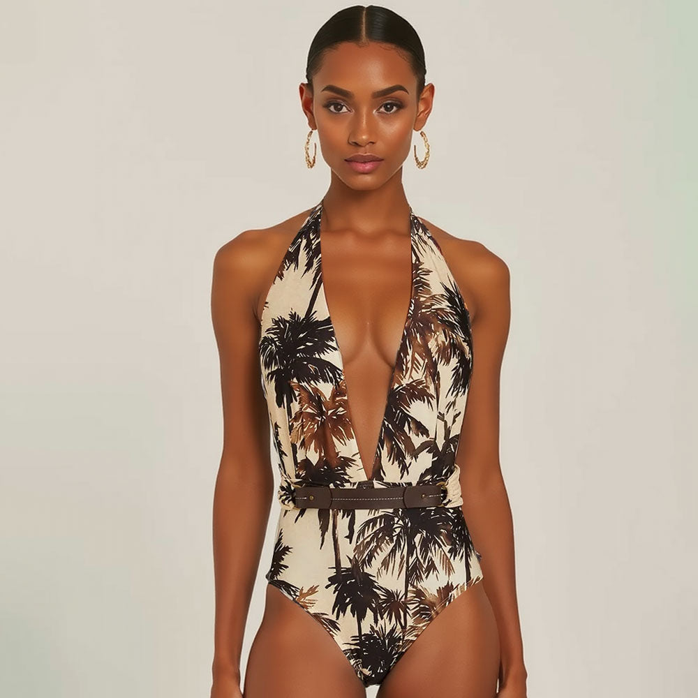 Plus Size V Neck Coconut Palm Print One Piece Swimsuit and Skirt