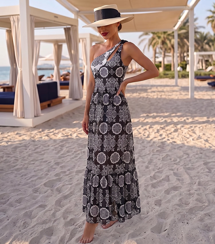 One Shoulder Cut Out Black Retro Printed Swimsuit Set(s)