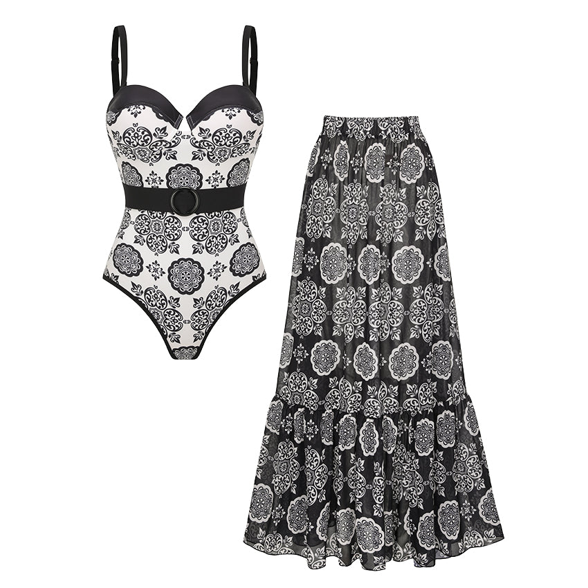 Sling White Retro Printed Swimsuit Set(s)