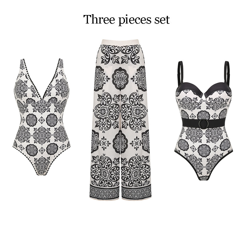 V Neck White Retro Printed Swimsuit Set(s)