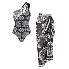One Shoulder Cut Out Black Retro Printed Swimsuit Set(s)