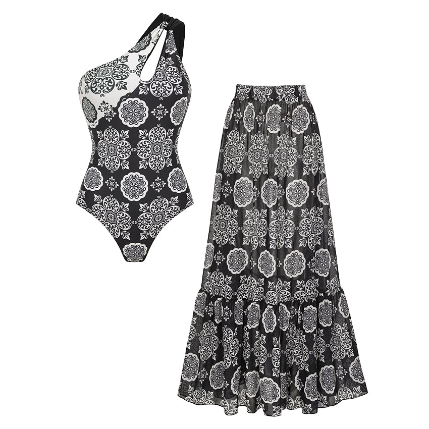 One Shoulder Cut Out Black Retro Printed Swimsuit Set(s)