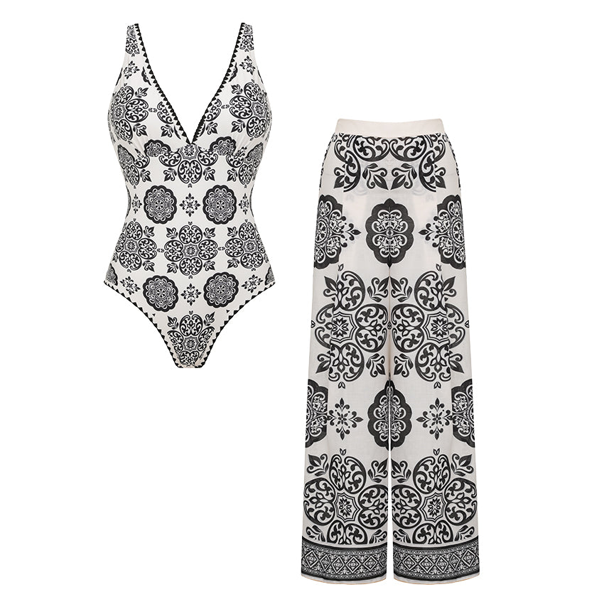 V Neck White Retro Printed Swimsuit Set(s)