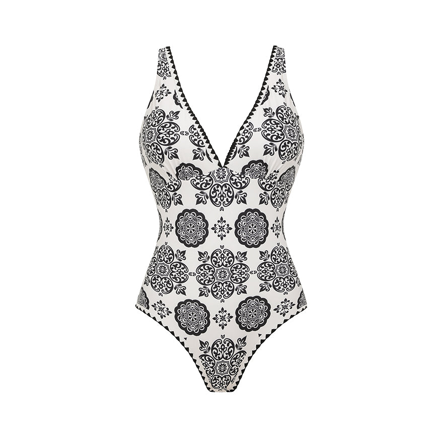 V Neck White Retro Printed Swimsuit Set(s)