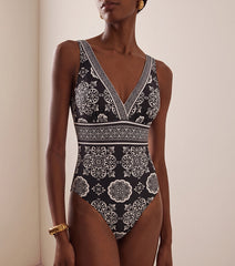 V Neck Black Retro Printed Swimsuit Set(s)