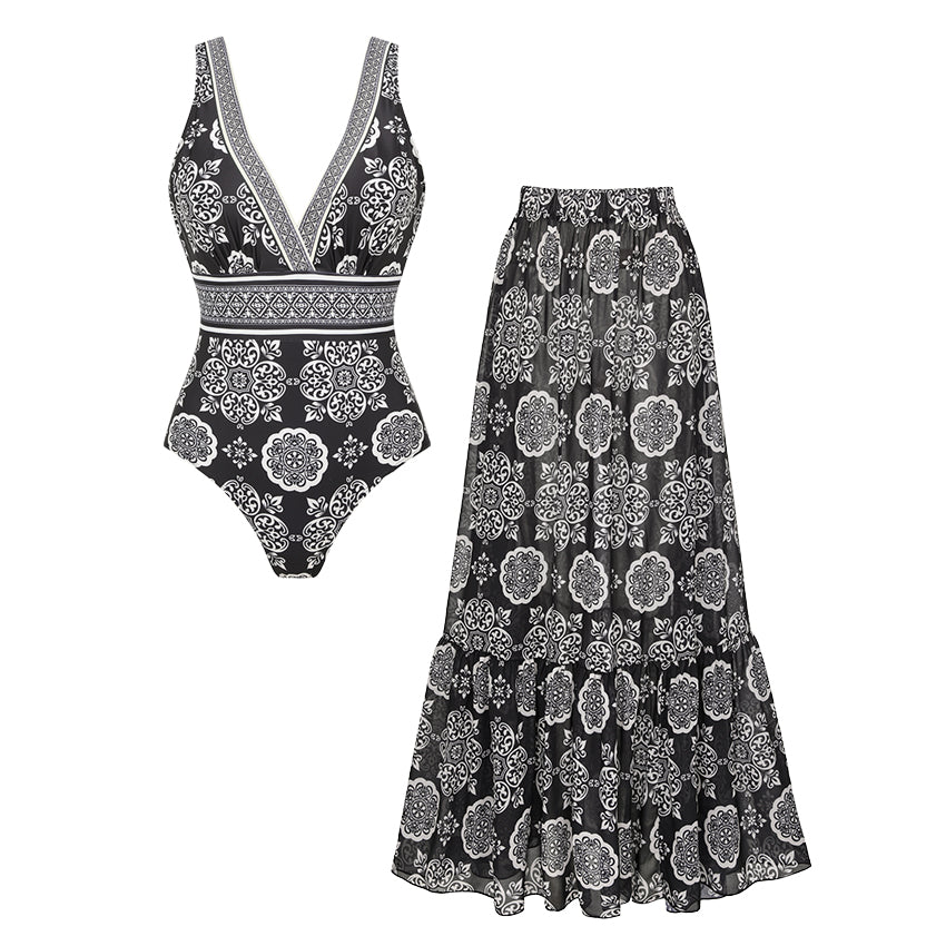 V Neck Black Retro Printed Swimsuit Set(s)
