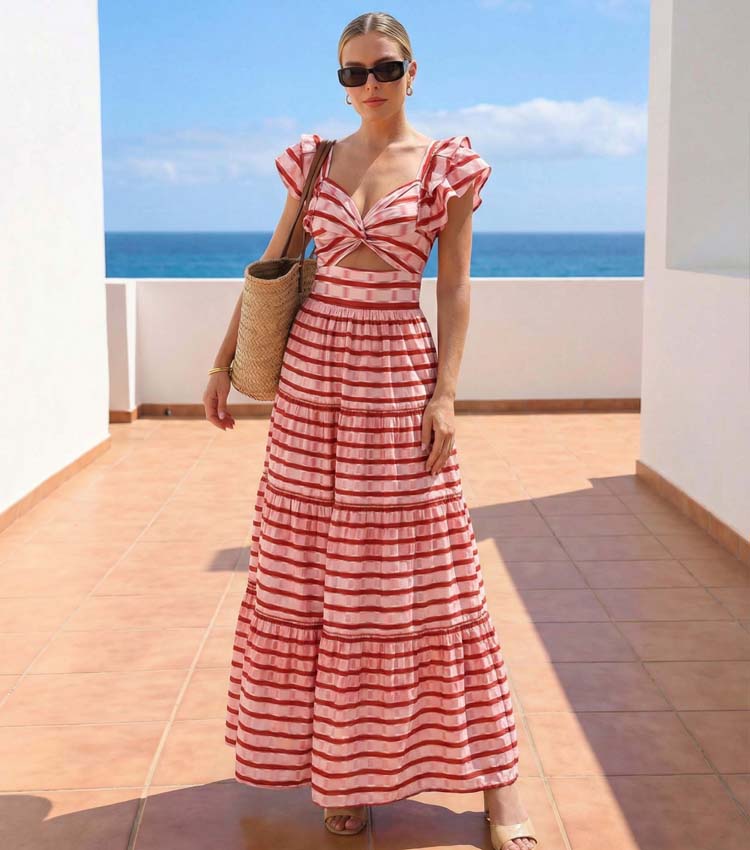 Plus Size Ruffle Red Striped Printed Cut Out One Piece Swimsuit and Skirt
