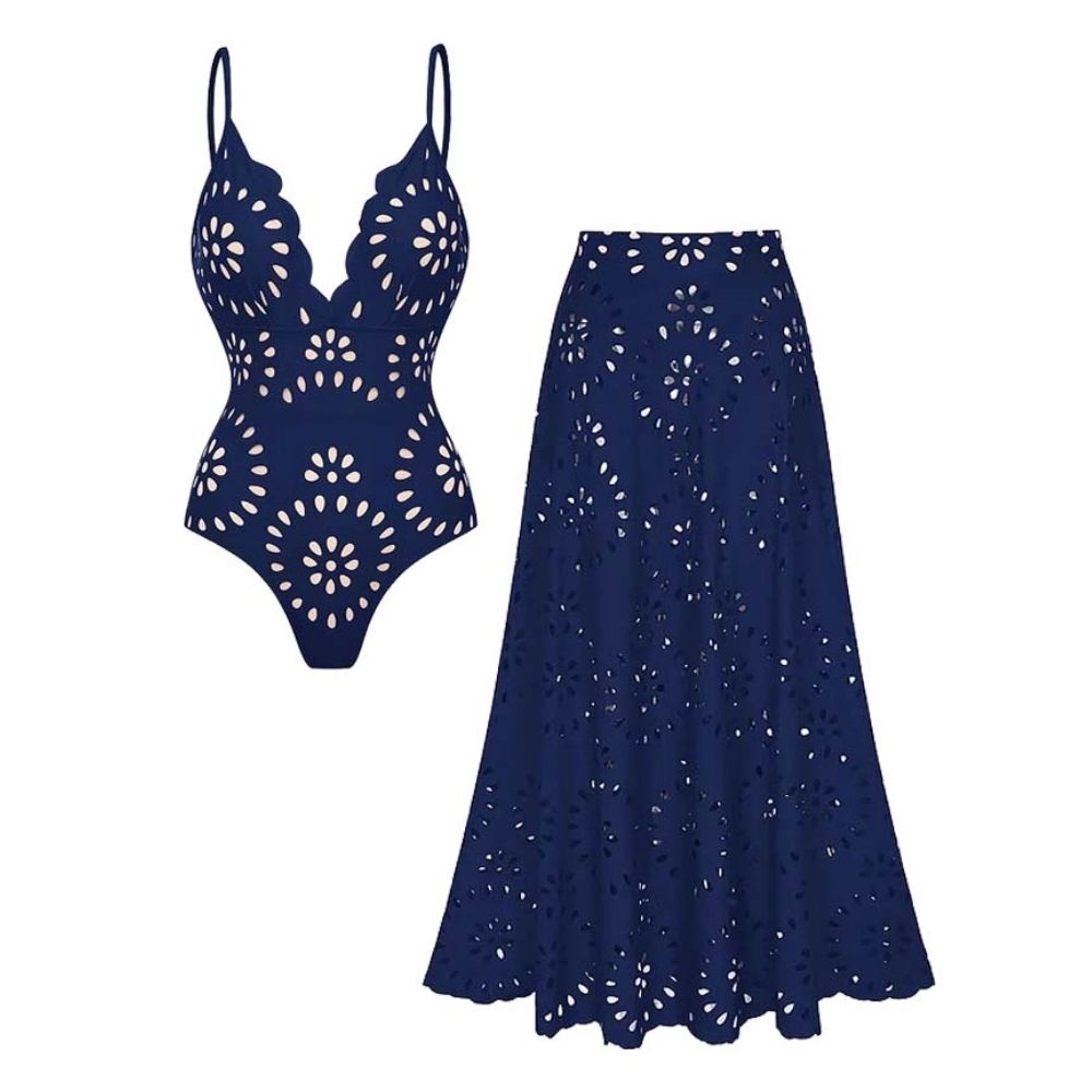 Plus Size Navy Blue Laser Cutting Flower Hollow One Piece Swimsuit and Skirt