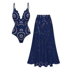 Plus Size Navy Blue Laser Cutting Flower Hollow One Piece Swimsuit and Skirt