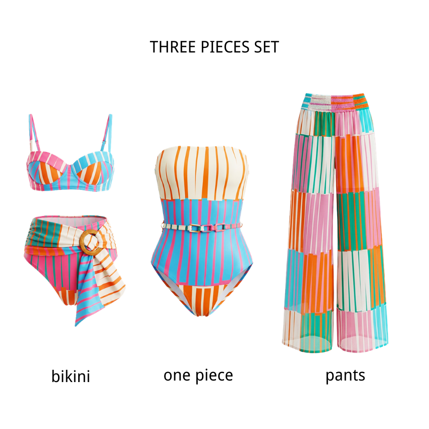 Strapless Colorful Striped Print Swimsuit Set(s)