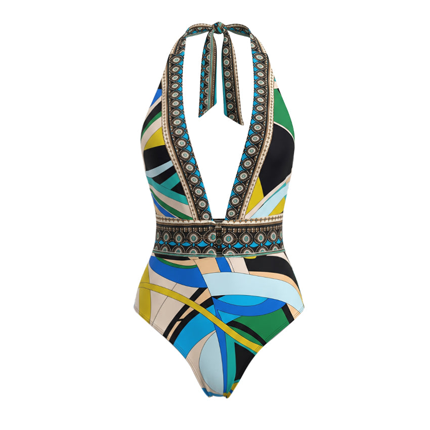 Halter Neck Geometric Patterns Printed Swimsuit Set(s)
