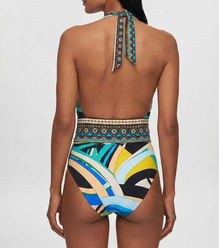 Halter Neck Geometric Patterns Printed Swimsuit Set(s)