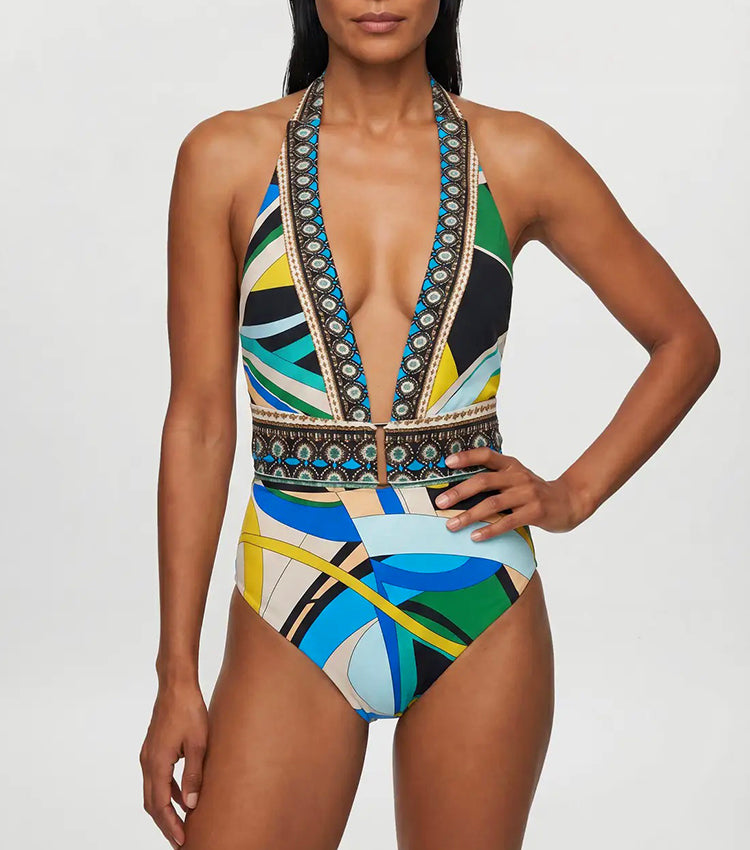 Halter Neck Geometric Patterns Printed Swimsuit Set(s)