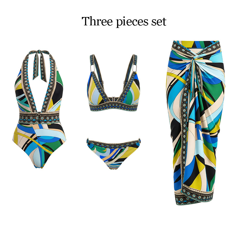 Halter Neck Geometric Patterns Printed Swimsuit Set(s)