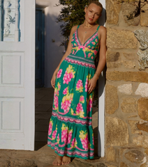 Plus Size Deep V Retro Green Grapes Print One Piece Swimsuit and Skirt