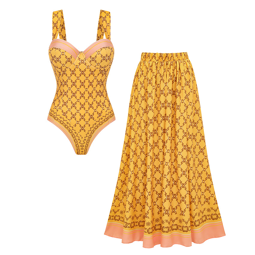 Sling Underwire Retro Yellow Printed Swimsuit Set(s)