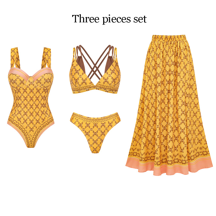 Sling Underwire Retro Yellow Printed Swimsuit Set(s)