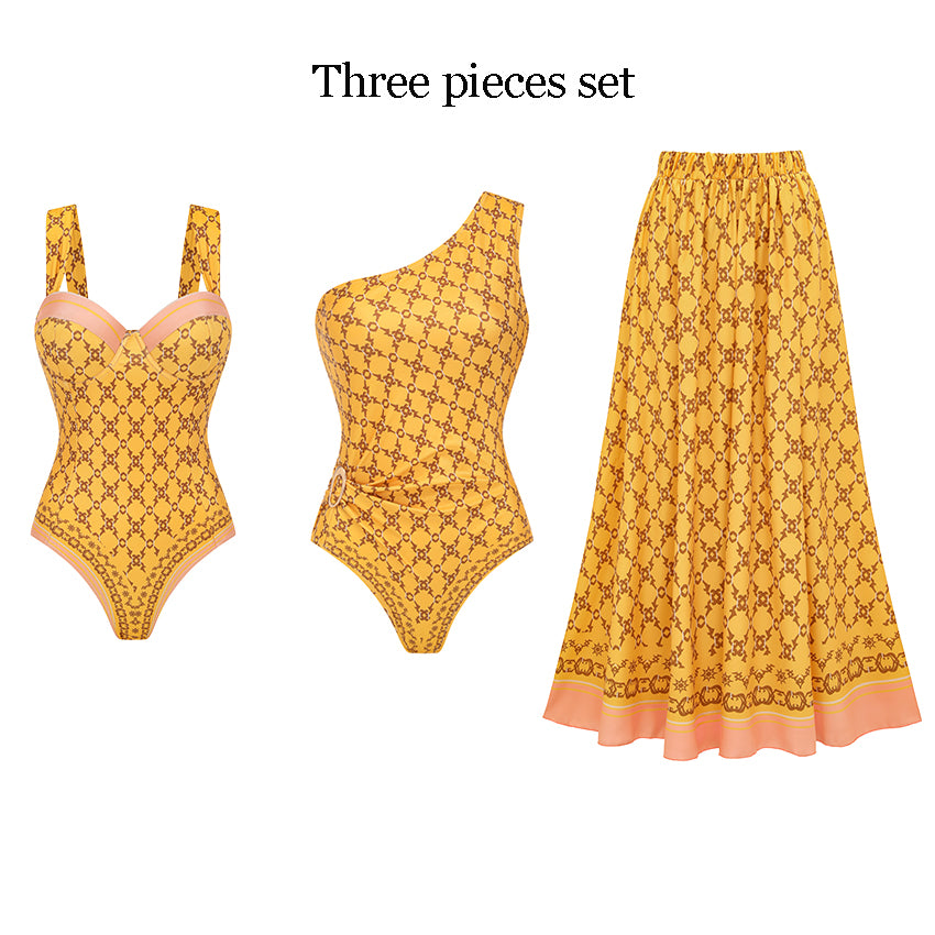 One Shoulder Yellow Retro Printed Swimsuit Set(s)