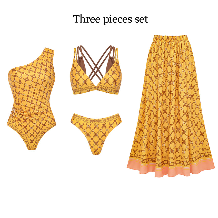 Faux-layered Retro Printed Bikini Swimsuit Set(s)