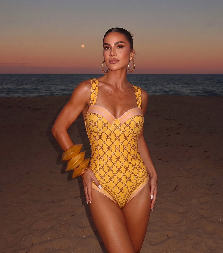 Sling Underwire Retro Yellow Printed Swimsuit Set(s)