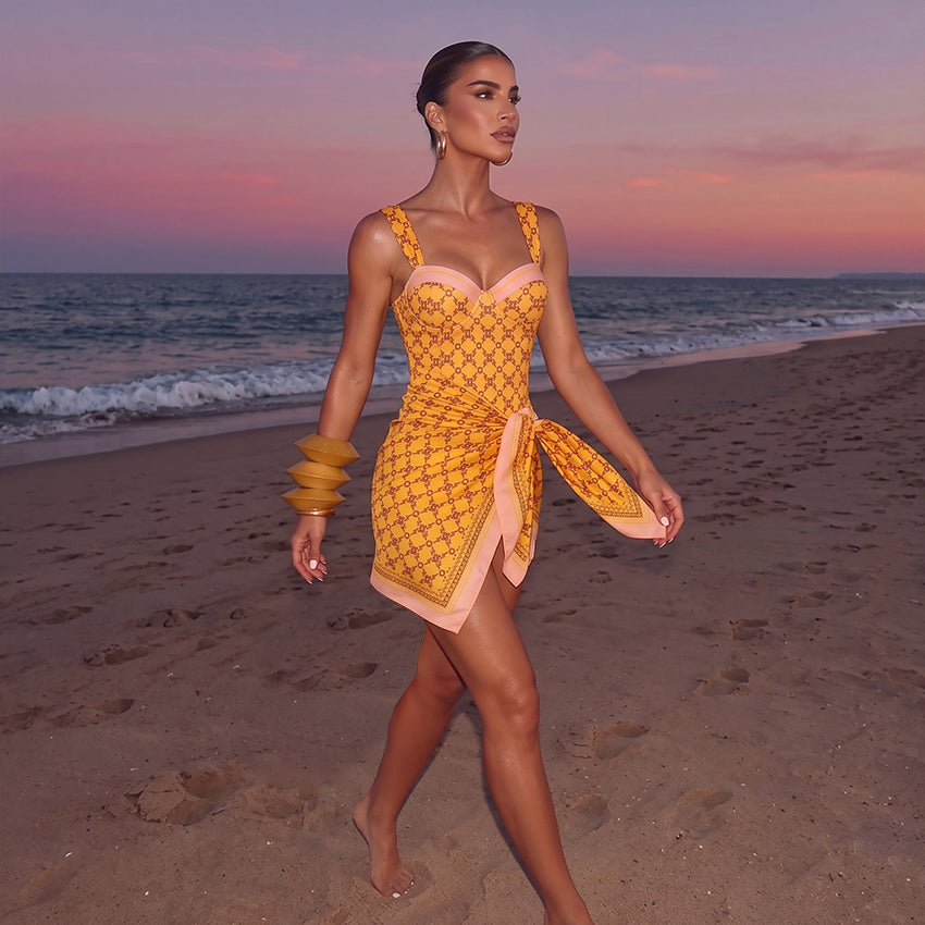 Sling Underwire Retro Yellow Printed Swimsuit Set(s)