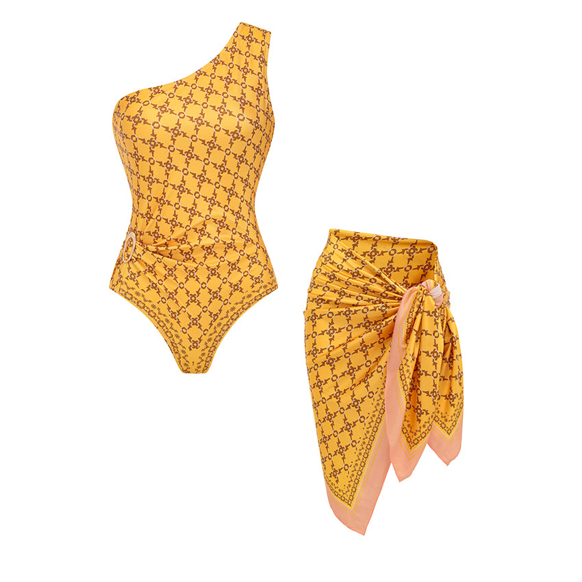 One Shoulder Yellow Retro Printed Swimsuit Set(s)