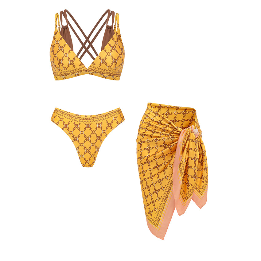 Faux-layered Retro Printed Bikini Swimsuit Set(s)