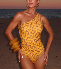 One Shoulder Yellow Retro Printed Swimsuit Set(s)