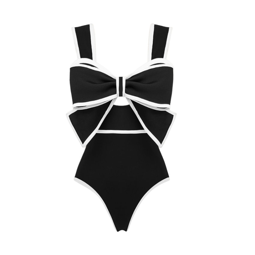 Plus Size Black and White Bow Decor One Piece Swimsuit and Skirt Flaxmaker