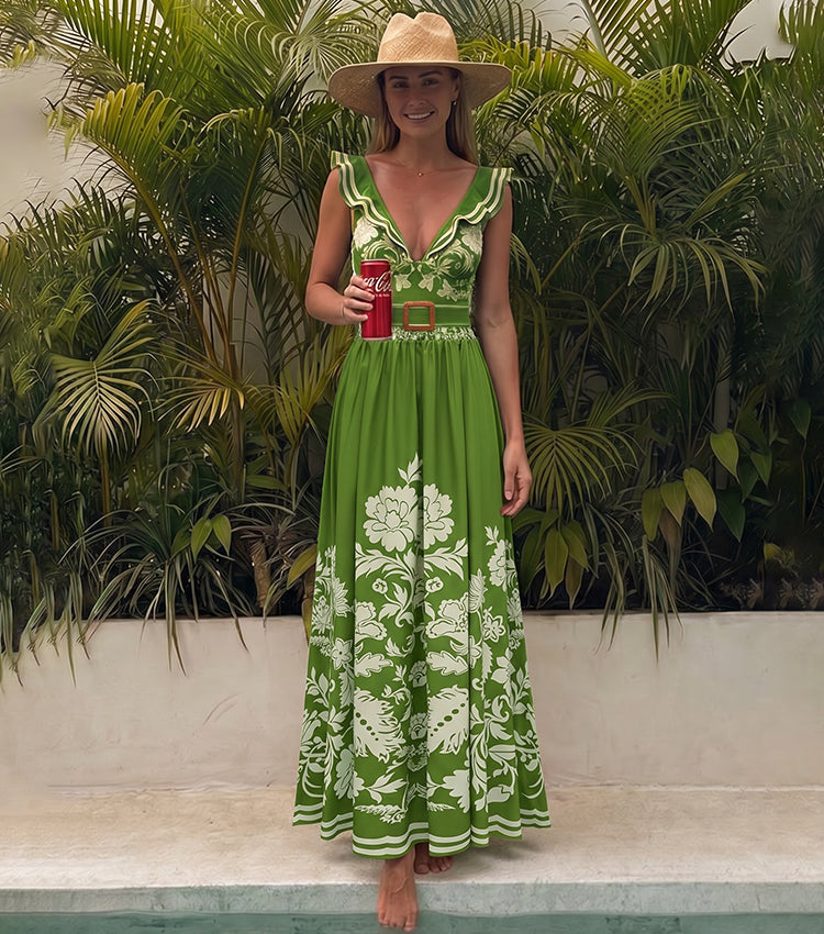 V Neck Ruffle Green Retro Printed Swimsuit Set(s)