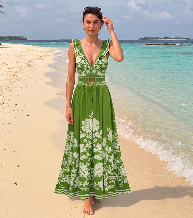 V Neck Ruffle Green Retro Printed Swimsuit Set(s)