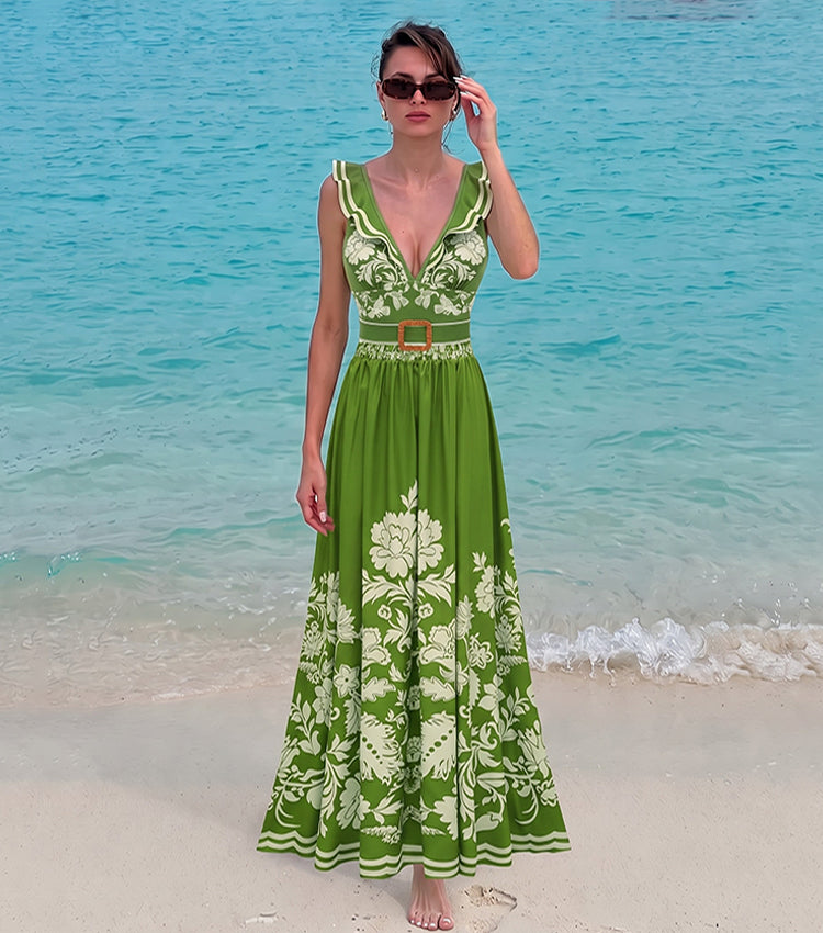 V Neck Ruffle Green Retro Printed Swimsuit Set(s)