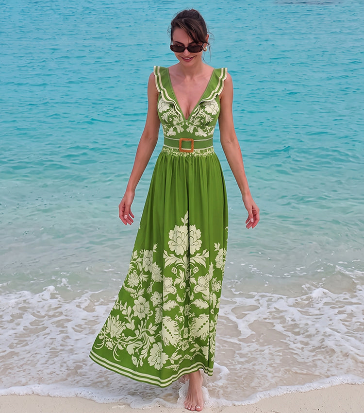V Neck Ruffle Green Retro Printed Swimsuit Set(s)