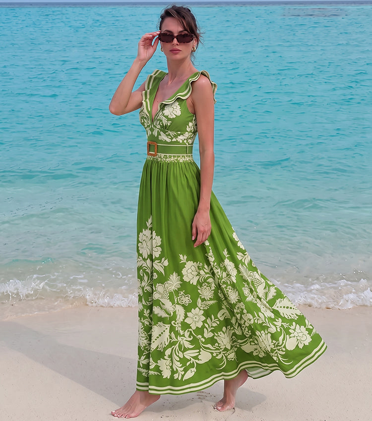 V Neck Ruffle Green Retro Printed Swimsuit Set(s)