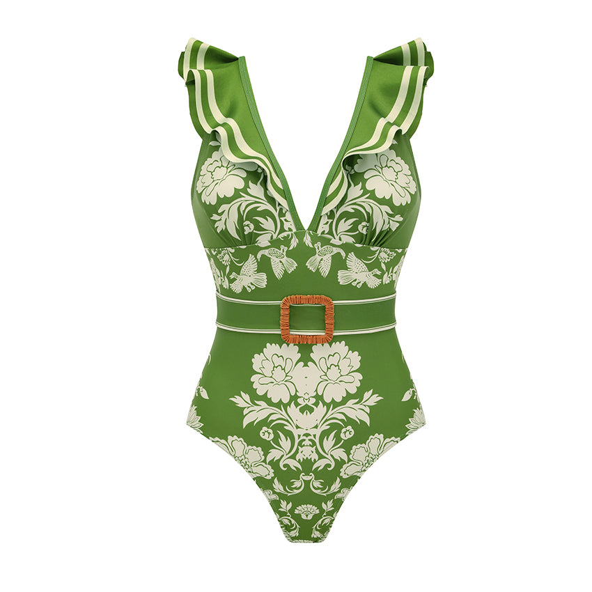 V Neck Ruffle Green Retro Printed Swimsuit Set(s)