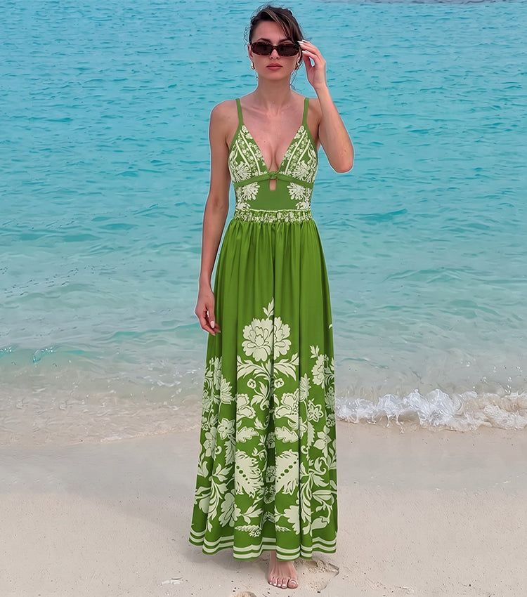 Sling Cut Out Green Retro Printed Swimsuit Set(s)