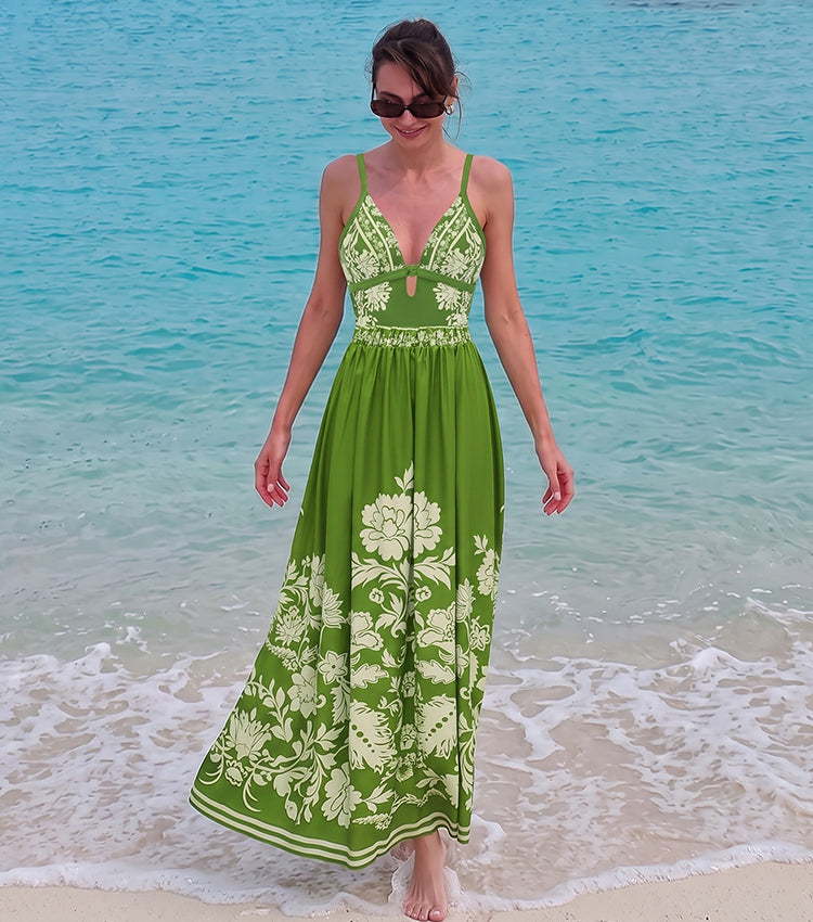 Sling Cut Out Green Retro Printed Swimsuit Set(s)