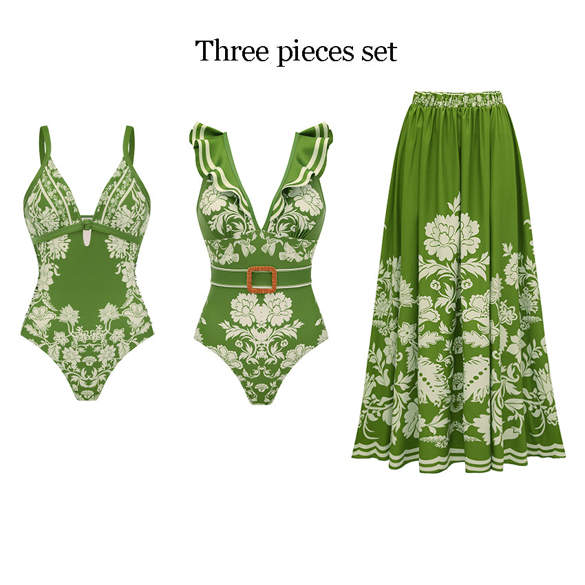 Sling Cut Out Green Retro Printed Swimsuit Set(s)