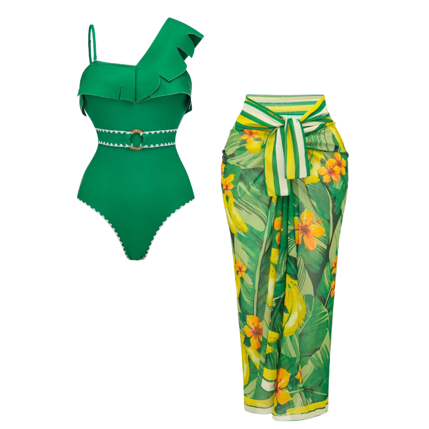 Plus Size 3D leaf-patterned Print Swimsuit Set(s)