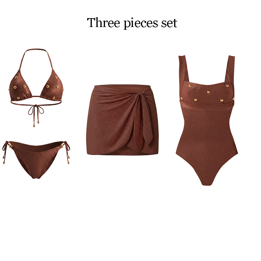 Sling Glossy Fabric Bead Embellishments Swimsuit Set(s)